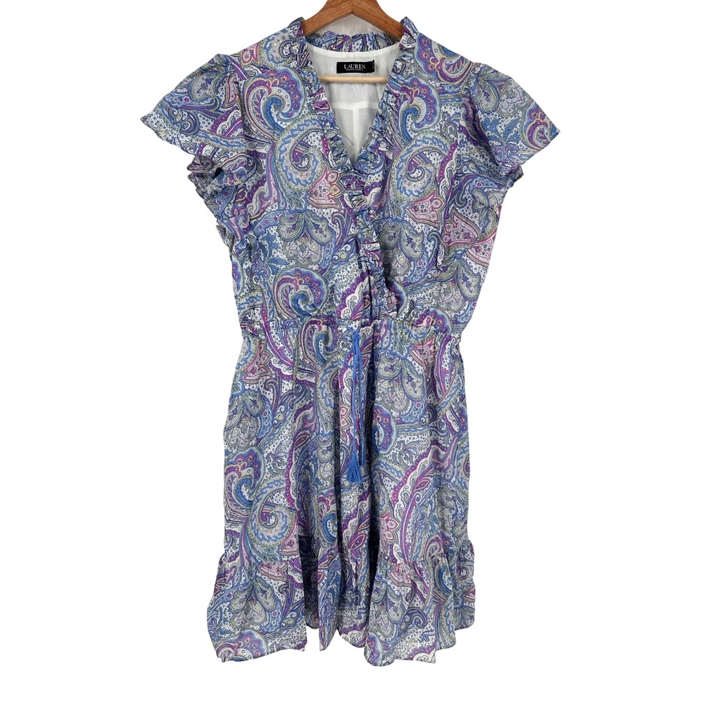 Lauren Ralph Lauren Paisley Print Dress Ruffle Trim‎ Drawstring Waist Size 16